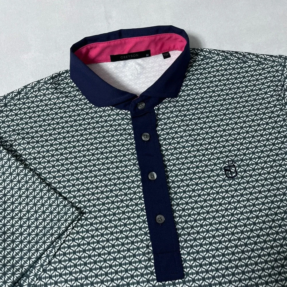 Greyson Polo Shirt Men Medium Green Blue Geometric Print Golf Logo